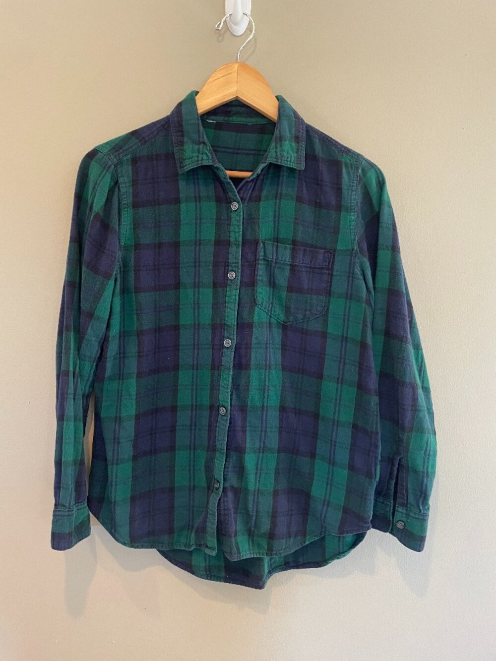 Green Navy Black Watch Plaid Flannel Button Up Shirt Cotton S